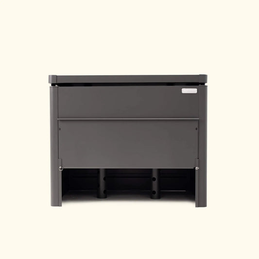 Modern metal compost bin by Vego Garden with smooth lift lid, dark gray finish on Tampa Home & Garden Store