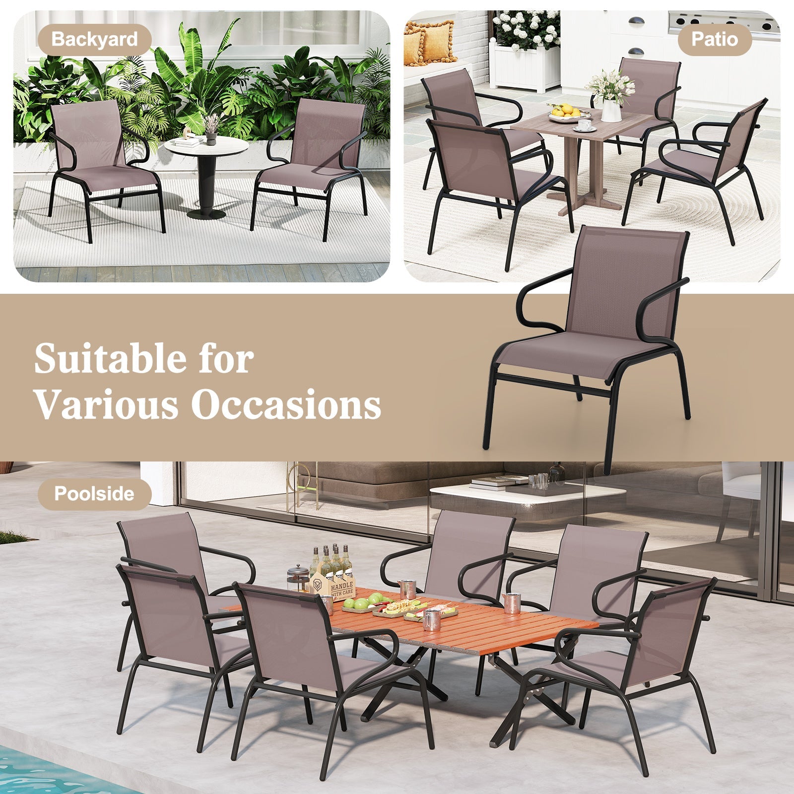 Modern Patio Chairs Set of 2 with Breathable Fabric for Porch-Coffee - Tampa Home & Garden Store