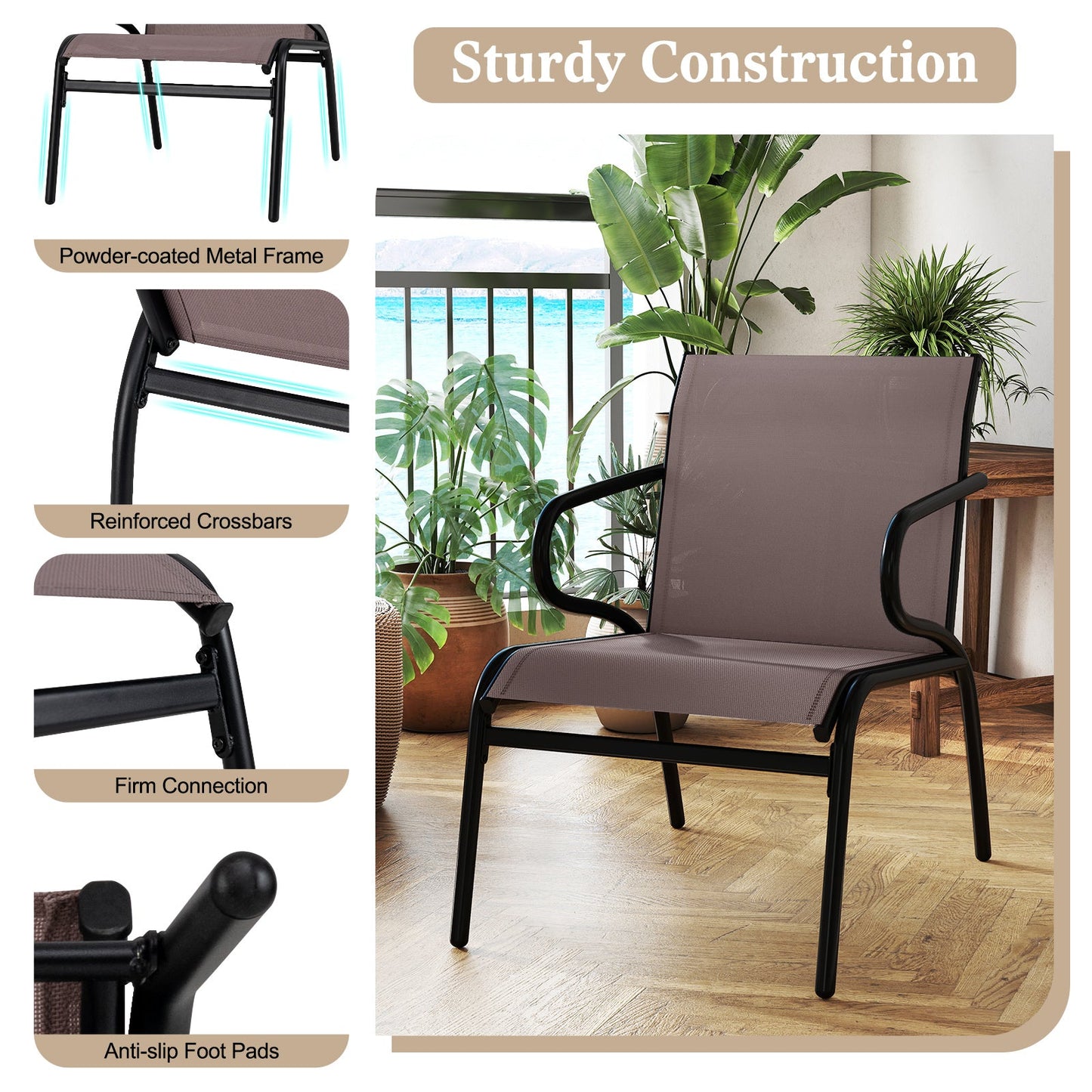 Modern Patio Chairs Set of 2 with Breathable Fabric for Porch-Coffee - Tampa Home & Garden Store