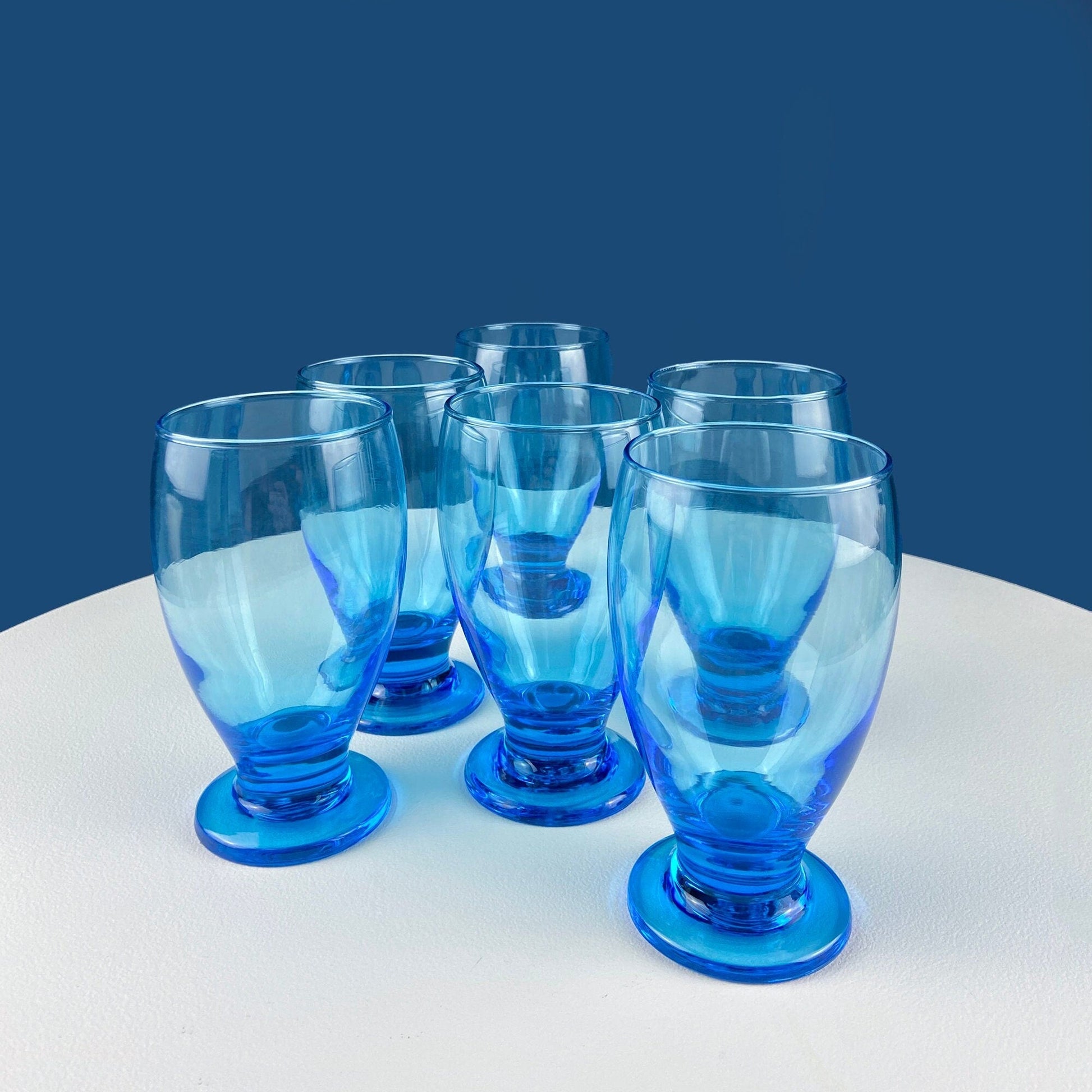 Modern Topaz Stemmed Tumblers. Set of Six Footed Juice Glasses. Blue Kitchen Decor. Dining Room Decor. Collectible Glasses. Wedding Gift. - Tampa Home & Garden Store