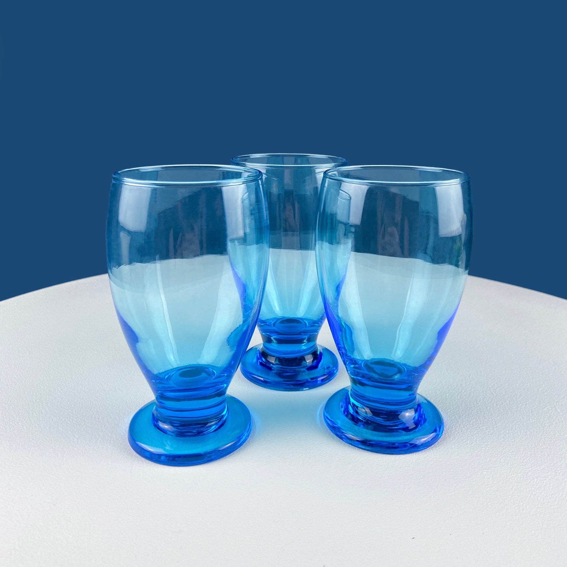 Modern Topaz Stemmed Tumblers. Set of Six Footed Juice Glasses. Blue Kitchen Decor. Dining Room Decor. Collectible Glasses. Wedding Gift. - Tampa Home & Garden Store