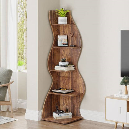 Modern Wave Shape 5 Shelf Corner Bookcase in Brown Wood Finish - Tampa Home & Garden Store
