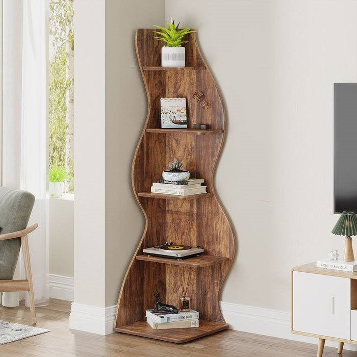Modern Wave Shape 5 Shelf Corner Bookcase in Brown Wood Finish - Tampa Home & Garden Store