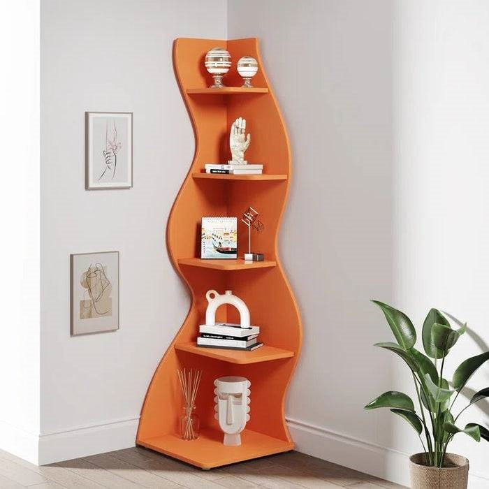 Modern Wave Shape 5 Shelf Corner Bookcase in Orange Wood Finish - Tampa Home & Garden Store