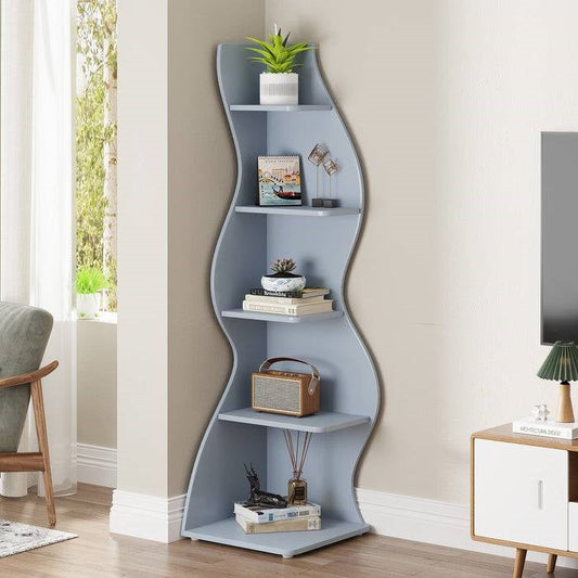 Modern Whimsical 5 Shelf Corner Bookcase Stand Blue Wood Finish - Tampa Home & Garden Store