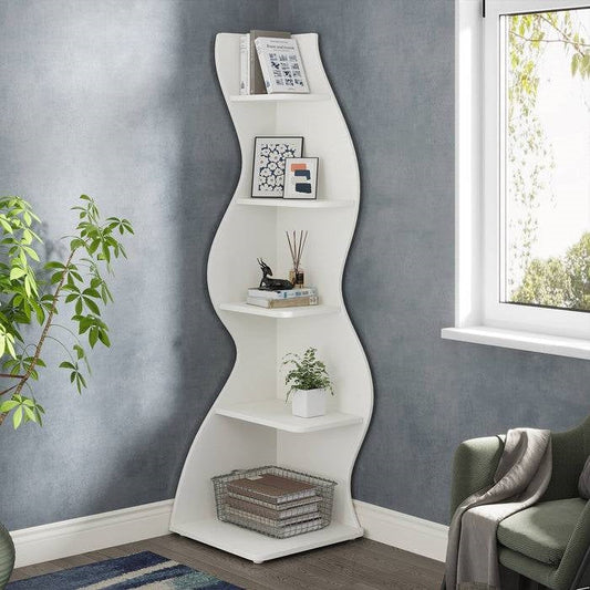 Modern Whimsical 5 Shelf Corner Bookcase Stand White Wood Finish - Tampa Home & Garden Store