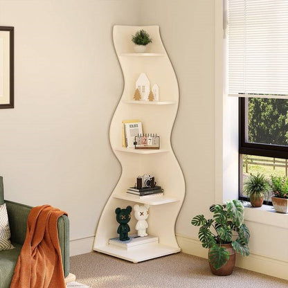 Modern Whimsical 5 Shelf Corner Bookcase Stand White Wood Finish - Tampa Home & Garden Store