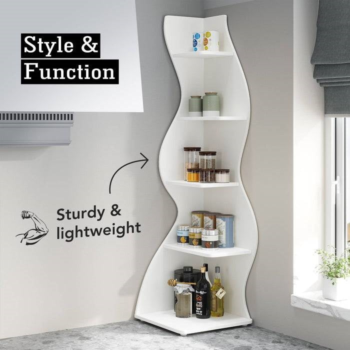 Modern Whimsical 5 Shelf Corner Bookcase Stand White Wood Finish - Tampa Home & Garden Store