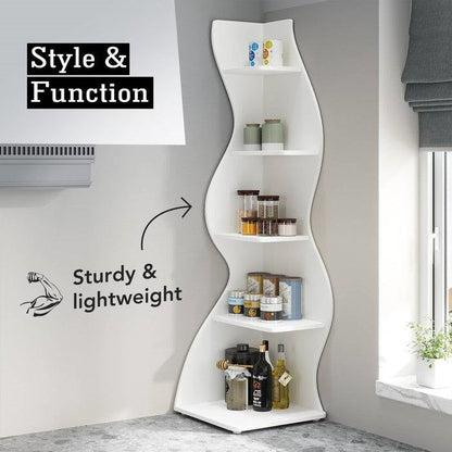 Modern Whimsical 5 Shelf Corner Bookcase Stand White Wood Finish - Tampa Home & Garden Store