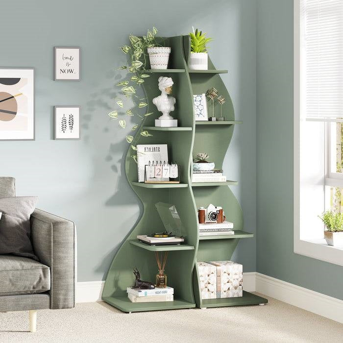 Modern Whimsical 5 Shelf Corner Bookcase in Green Wood Finish - Tampa Home & Garden Store