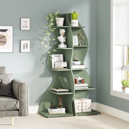 Modern Whimsical 5 Shelf Corner Bookcase in Green Wood Finish - Tampa Home & Garden Store