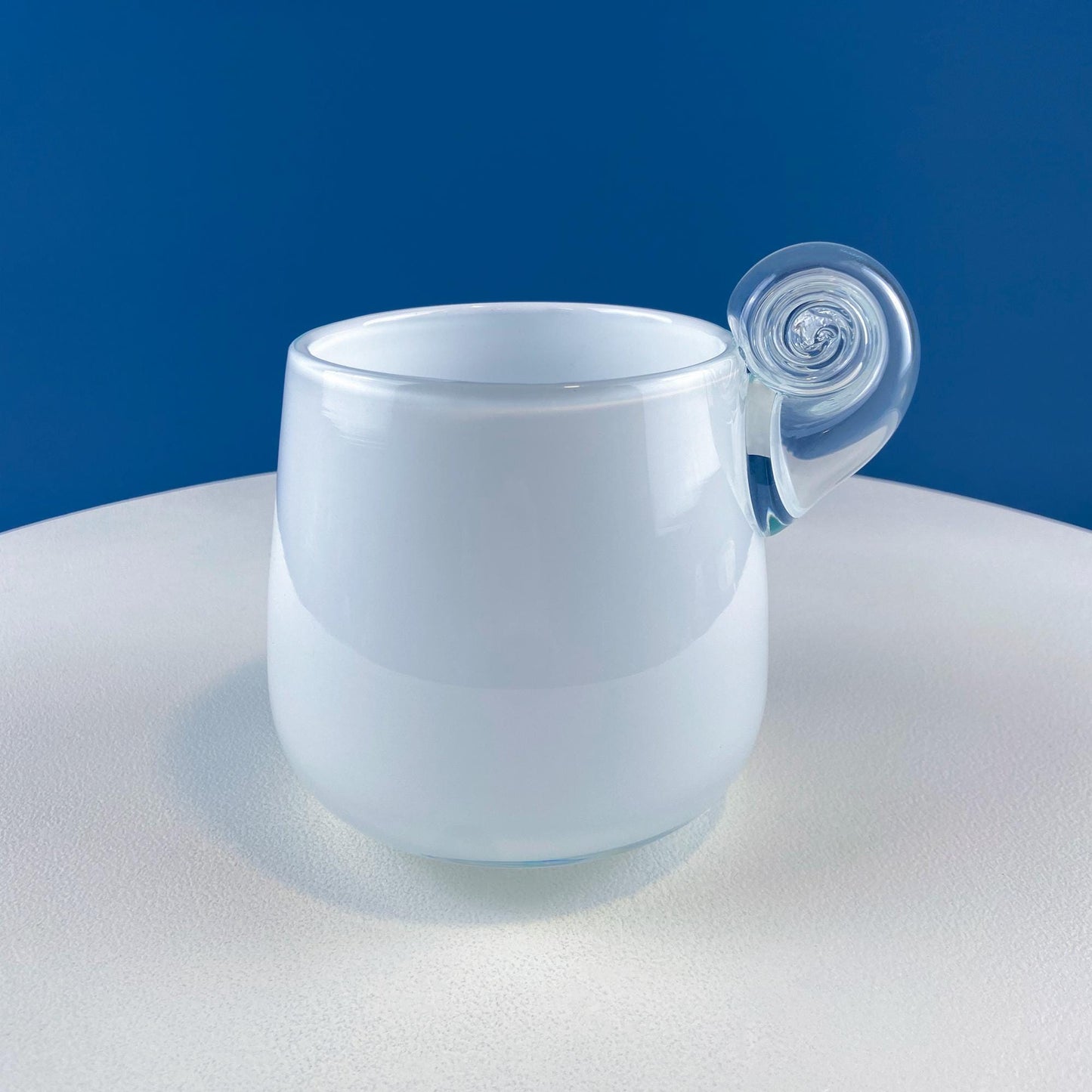 Modern White & Clear Glass Vase with Swirl Handle. Unique White Cased Hand Blown Art Glass with Scroll. Bath Storage. Interior Design Ideas. - Tampa Home & Garden Store