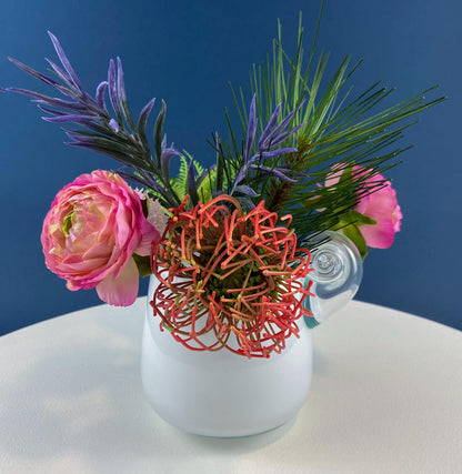 Modern White & Clear Glass Vase with Swirl Handle. Unique White Cased Hand Blown Art Glass with Scroll. Bath Storage. Interior Design Ideas. - Tampa Home & Garden Store