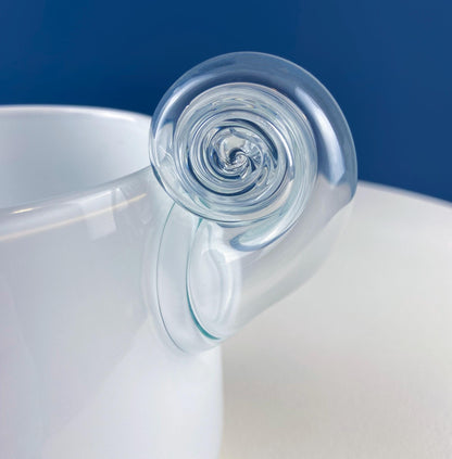 Modern White & Clear Glass Vase with Swirl Handle. Unique White Cased Hand Blown Art Glass with Scroll. Bath Storage. Interior Design Ideas. - Tampa Home & Garden Store