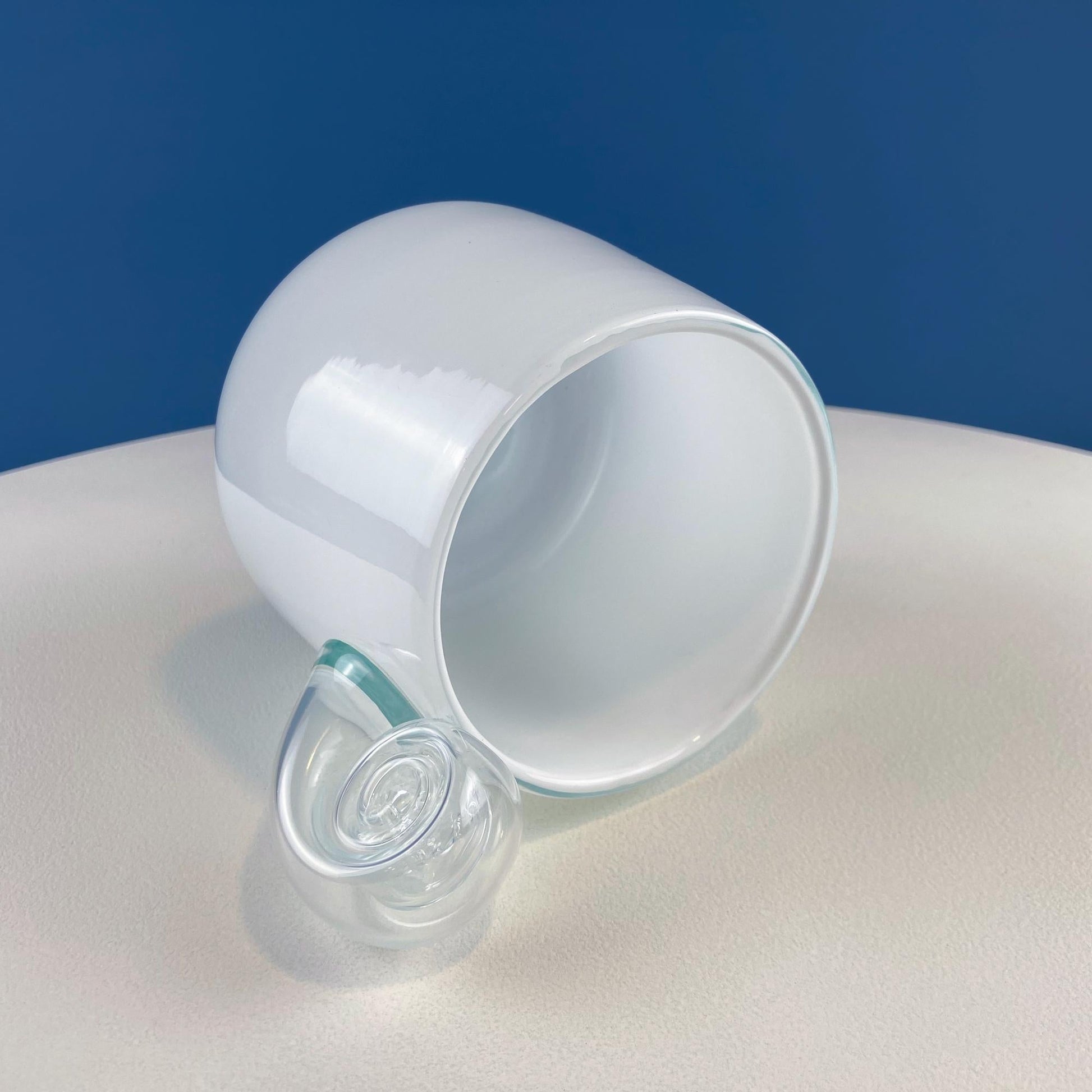 Modern White & Clear Glass Vase with Swirl Handle. Unique White Cased Hand Blown Art Glass with Scroll. Bath Storage. Interior Design Ideas. - Tampa Home & Garden Store
