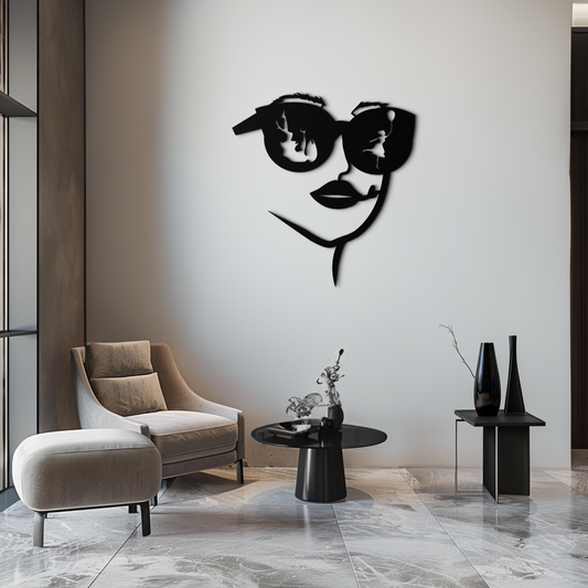 Modern Woman Face with Sunglasses Metal Wall Art – Abstract Reflective Scene Black Steel Decor for Contemporary Interiors- KAF460 - Tampa Home & Garden Store