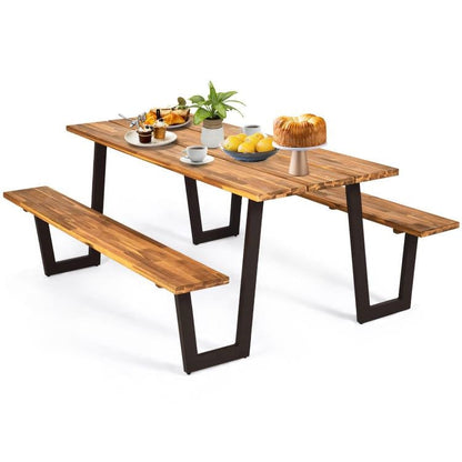 Modern Wooden Picnic Table with 2 Benches Outdoor Patio Dining Set - Tampa Home & Garden Store