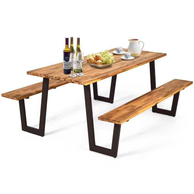Modern Wooden Picnic Table with 2 Benches Outdoor Patio Dining Set - Tampa Home & Garden Store