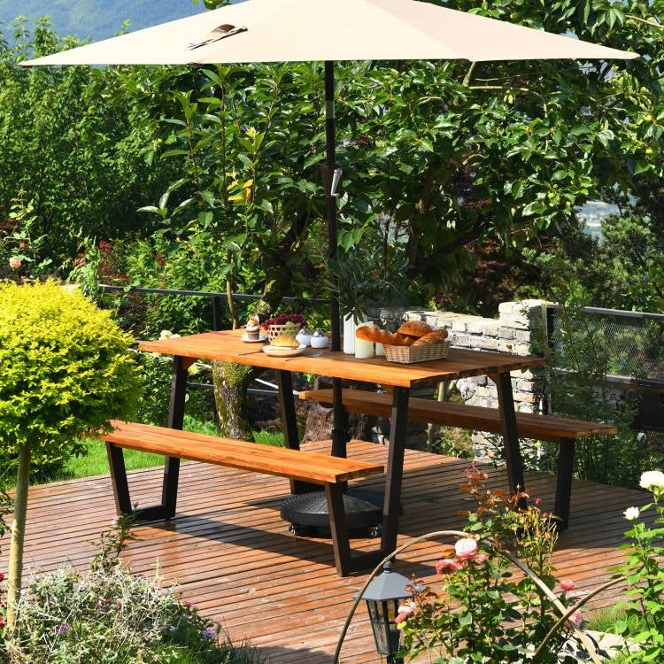 Modern Wooden Picnic Table with 2 Benches Outdoor Patio Dining Set - Tampa Home & Garden Store