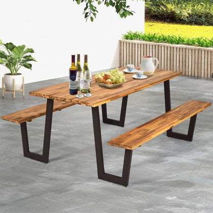 Modern Wooden Picnic Table with 2 Benches Outdoor Patio Dining Set - Tampa Home & Garden Store