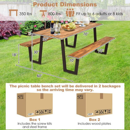 Modern Wooden Picnic Table with 2 Benches Outdoor Patio Dining Set - Tampa Home & Garden Store