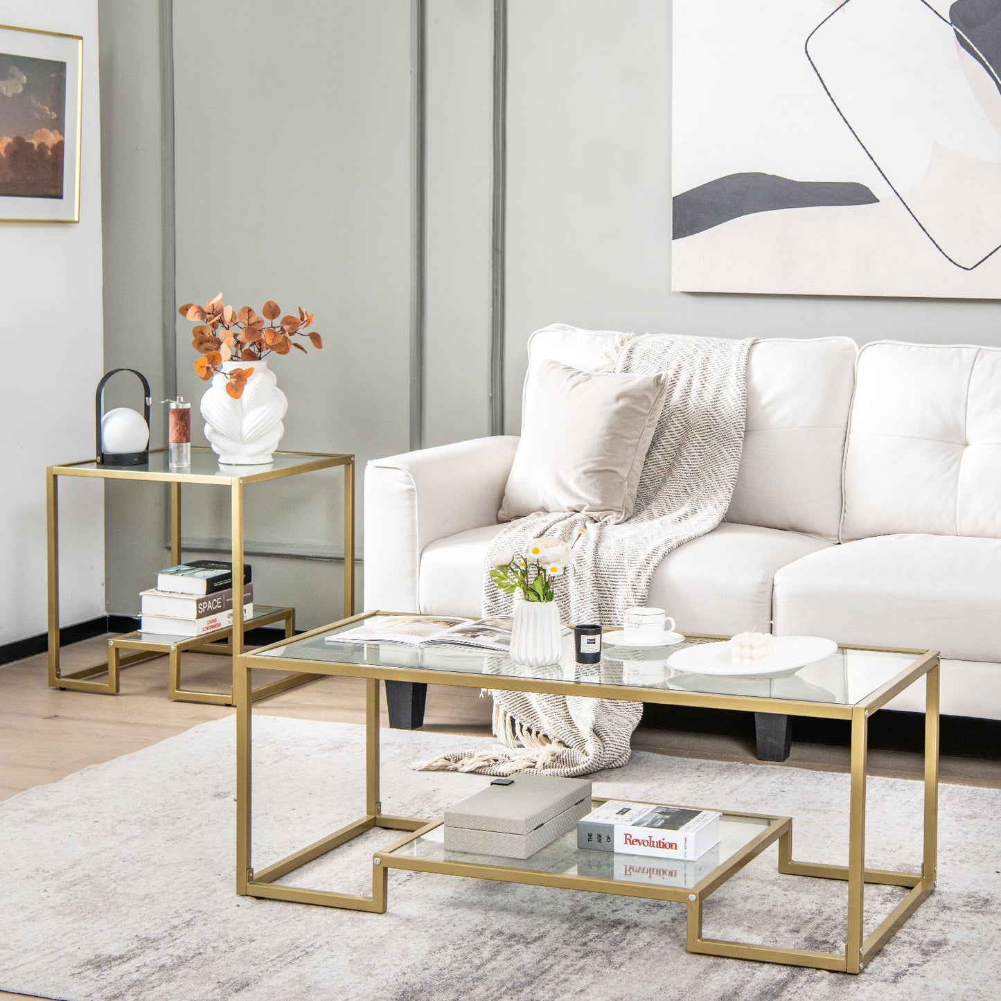 Mesa de centro rectangular moderna de 2 niveles con tapa de cristal - Dorada