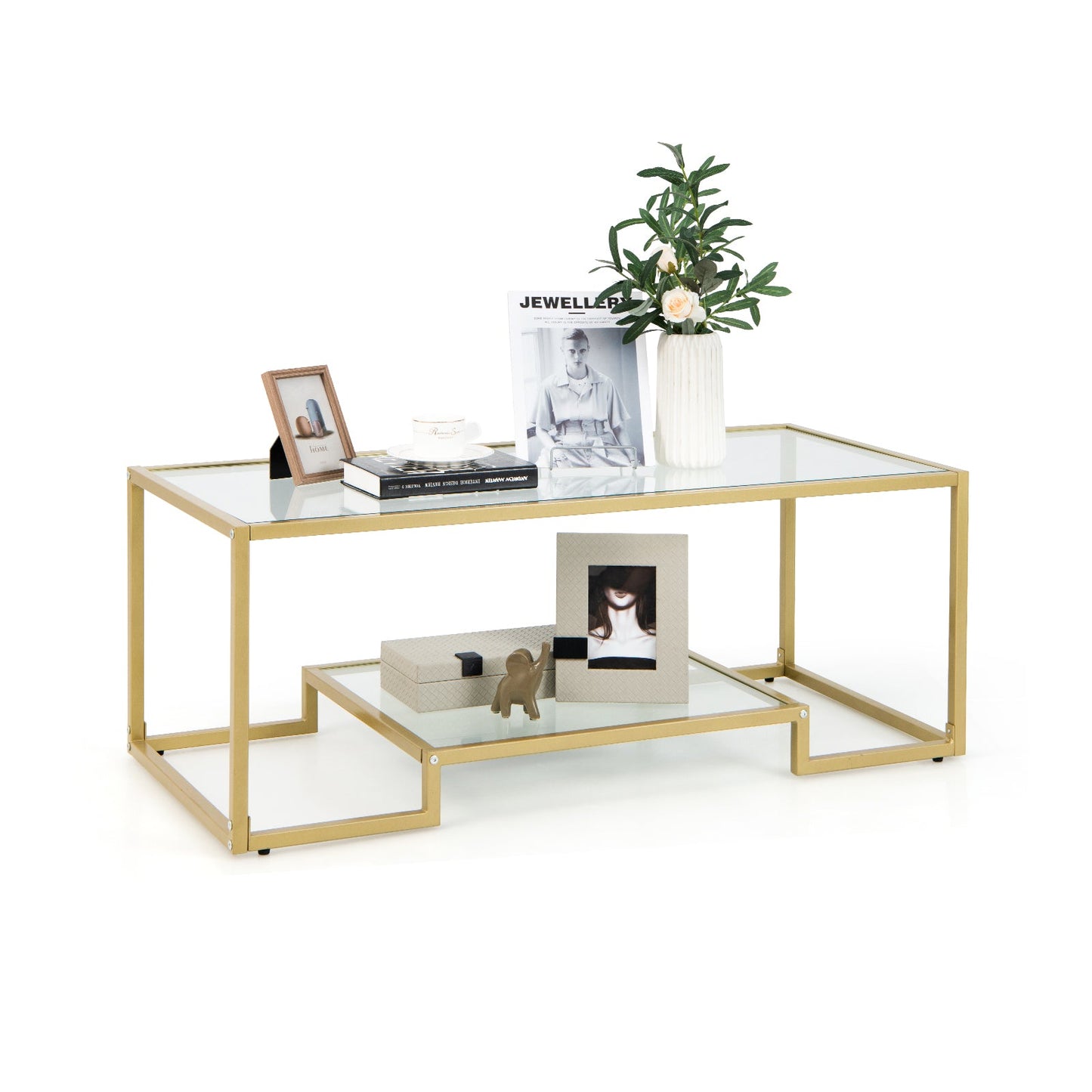 Mesa de centro rectangular moderna de 2 niveles con tapa de cristal - Dorada