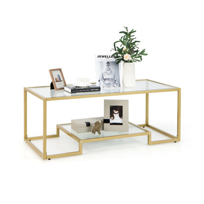 Mesa de centro rectangular moderna de 2 niveles con tapa de cristal - Dorada