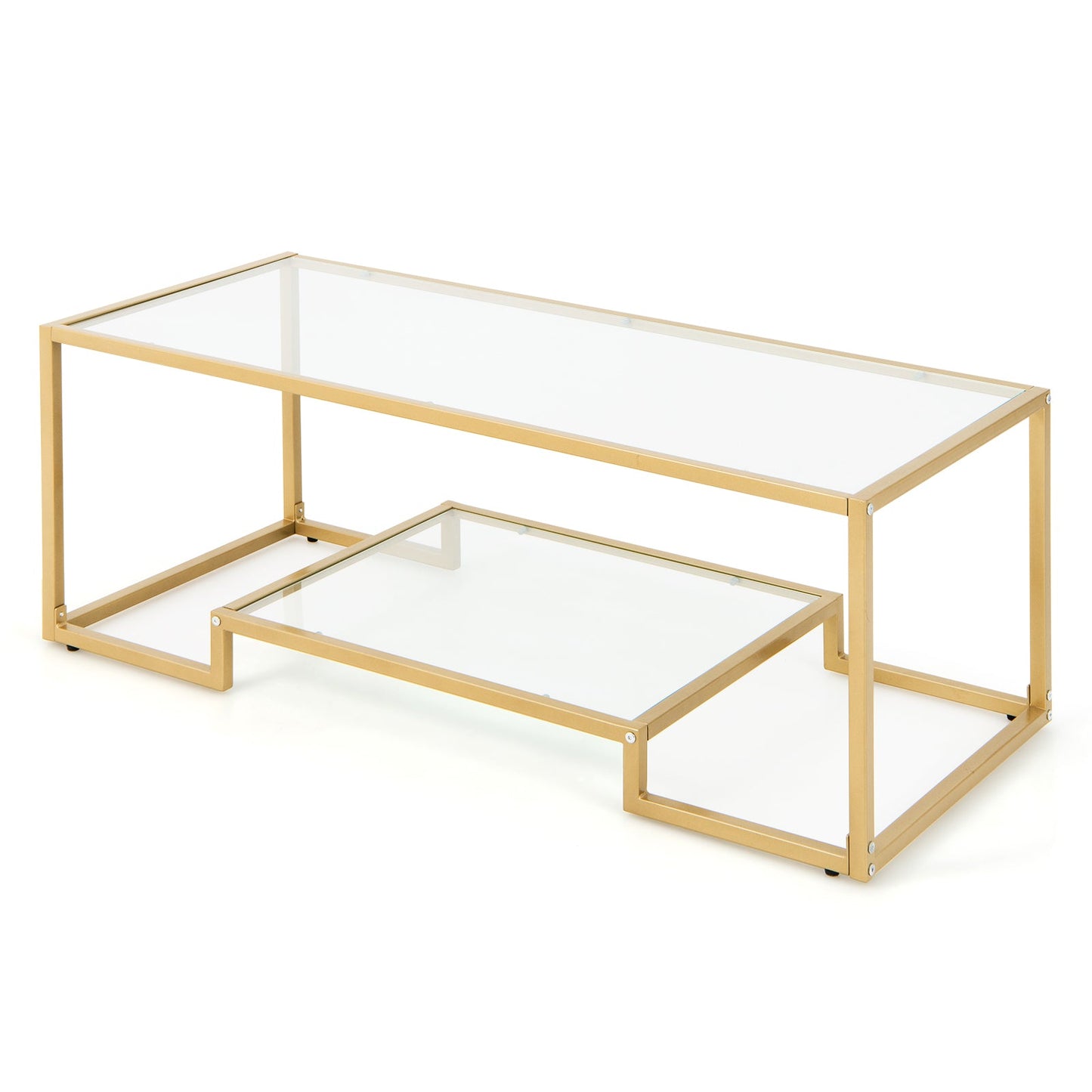 Mesa de centro rectangular moderna de 2 niveles con tapa de cristal - Dorada