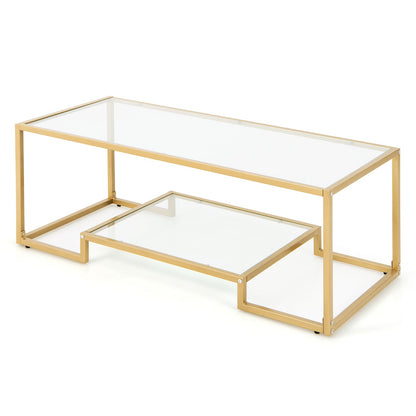 Mesa de centro rectangular moderna de 2 niveles con tapa de cristal - Dorada