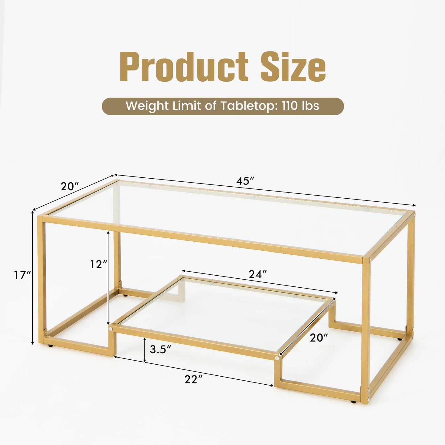 Mesa de centro rectangular moderna de 2 niveles con tapa de cristal - Dorada