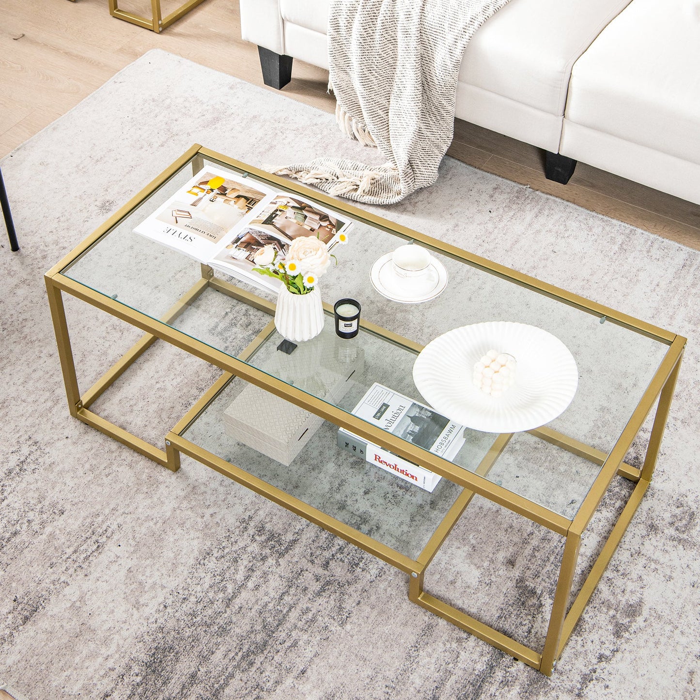 Mesa de centro rectangular moderna de 2 niveles con tapa de cristal - Dorada