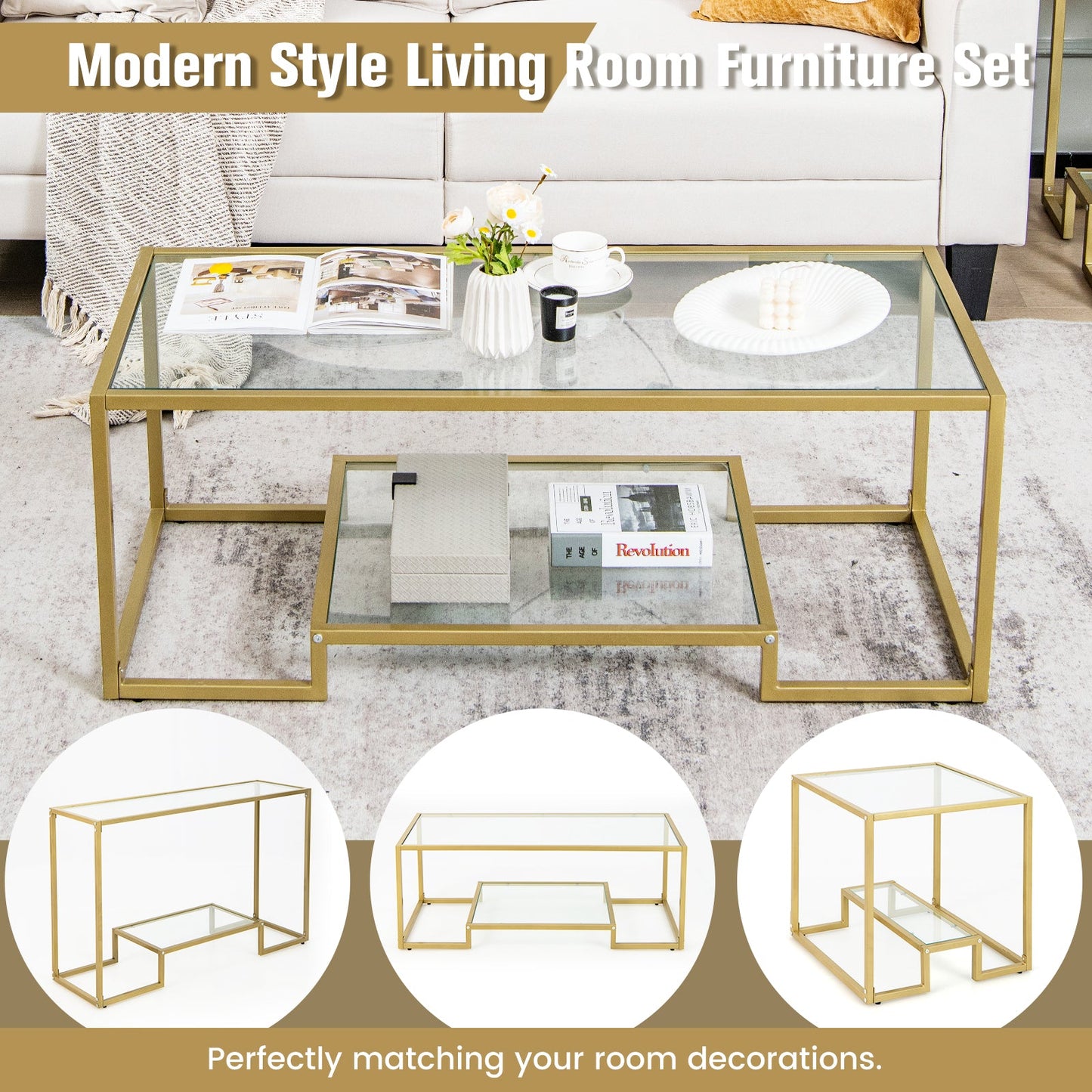 Mesa de centro rectangular moderna de 2 niveles con tapa de cristal - Dorada