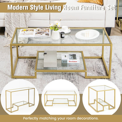Mesa de centro rectangular moderna de 2 niveles con tapa de cristal - Dorada
