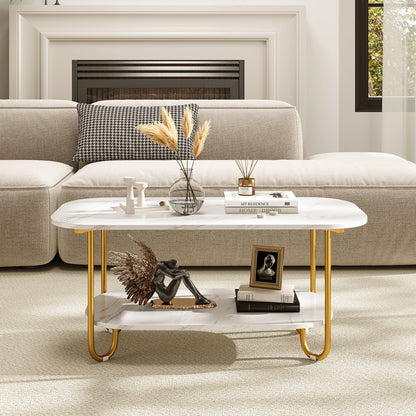 Modern 2-tier Faux Marble Top Coffee Table-White