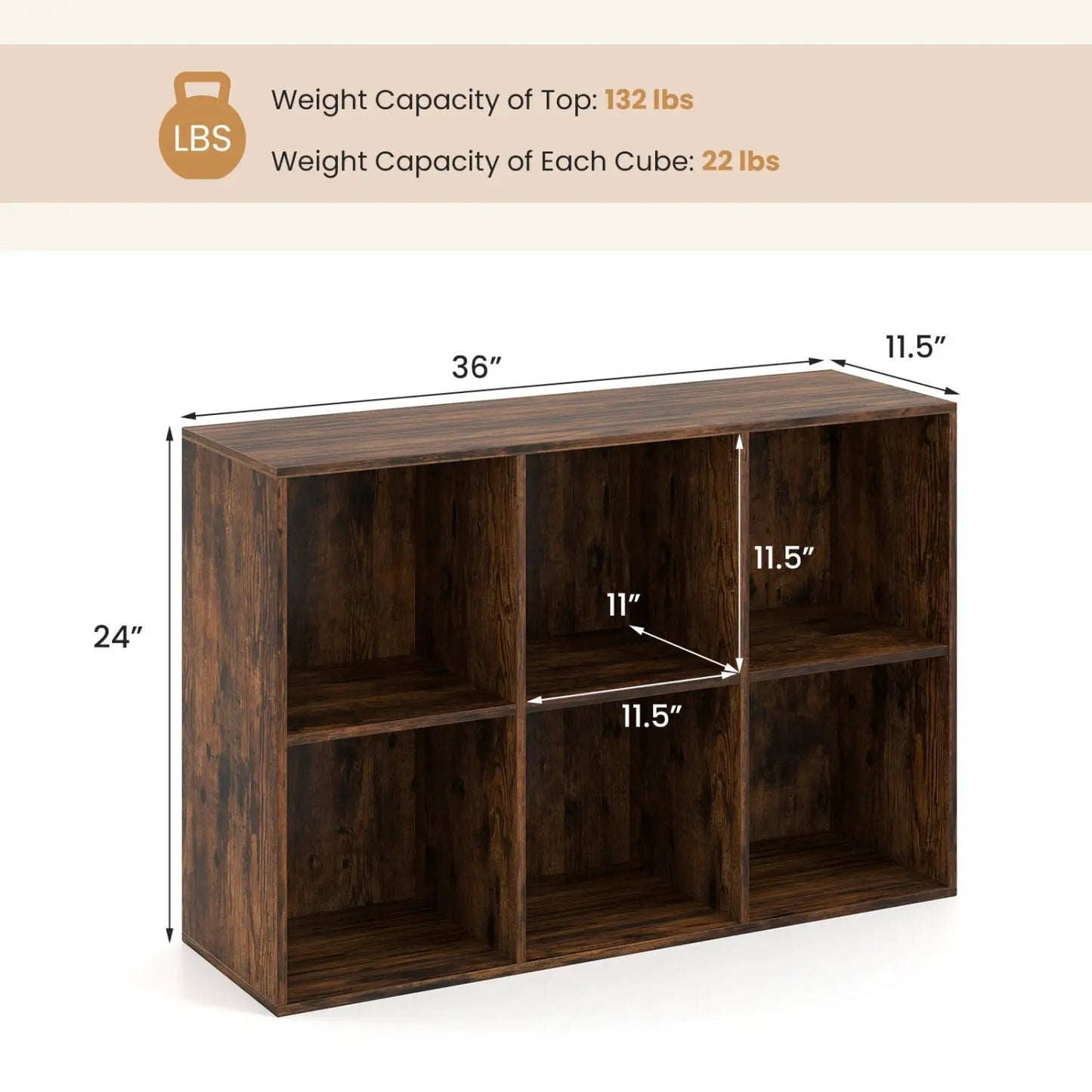 6-Cube Bookcase with Anti-Tipping Kit Rustic