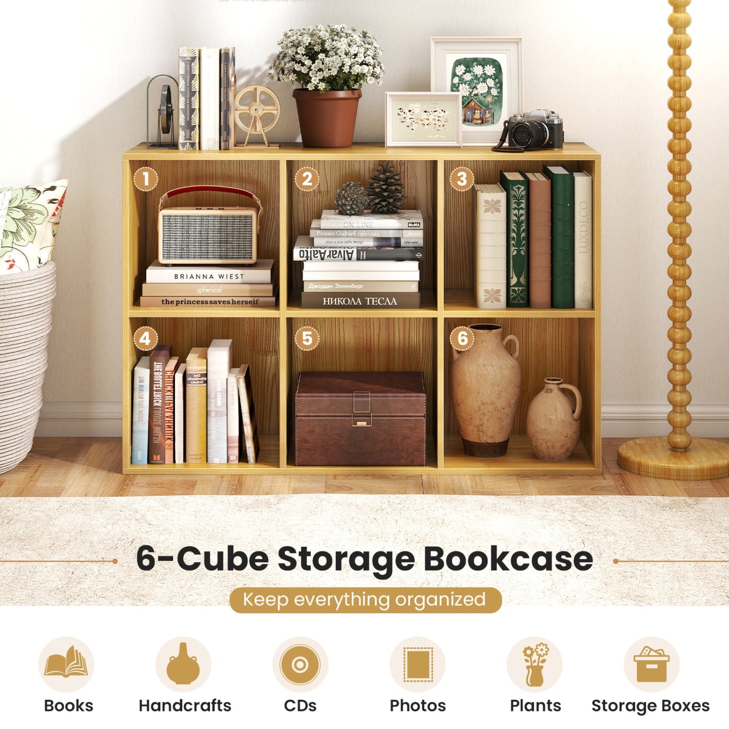 6-Cube Bookcase Burlywood by DirectDeals; 6 cubbies filled with books and decor, top plant and camera on Tampa Home & Garden Store