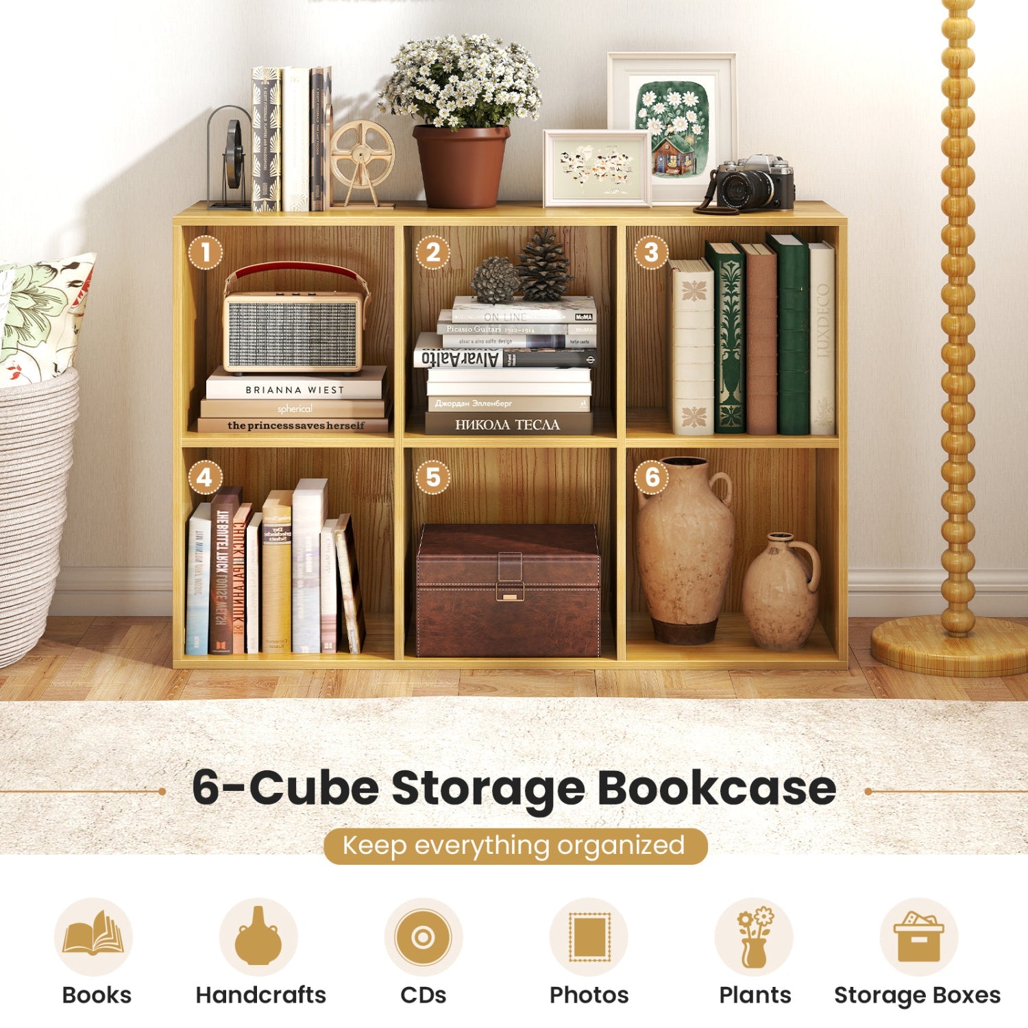 6-Cube Bookcase Burlywood by DirectDeals; 6 cubbies filled with books and decor, top plant and camera on Tampa Home & Garden Store