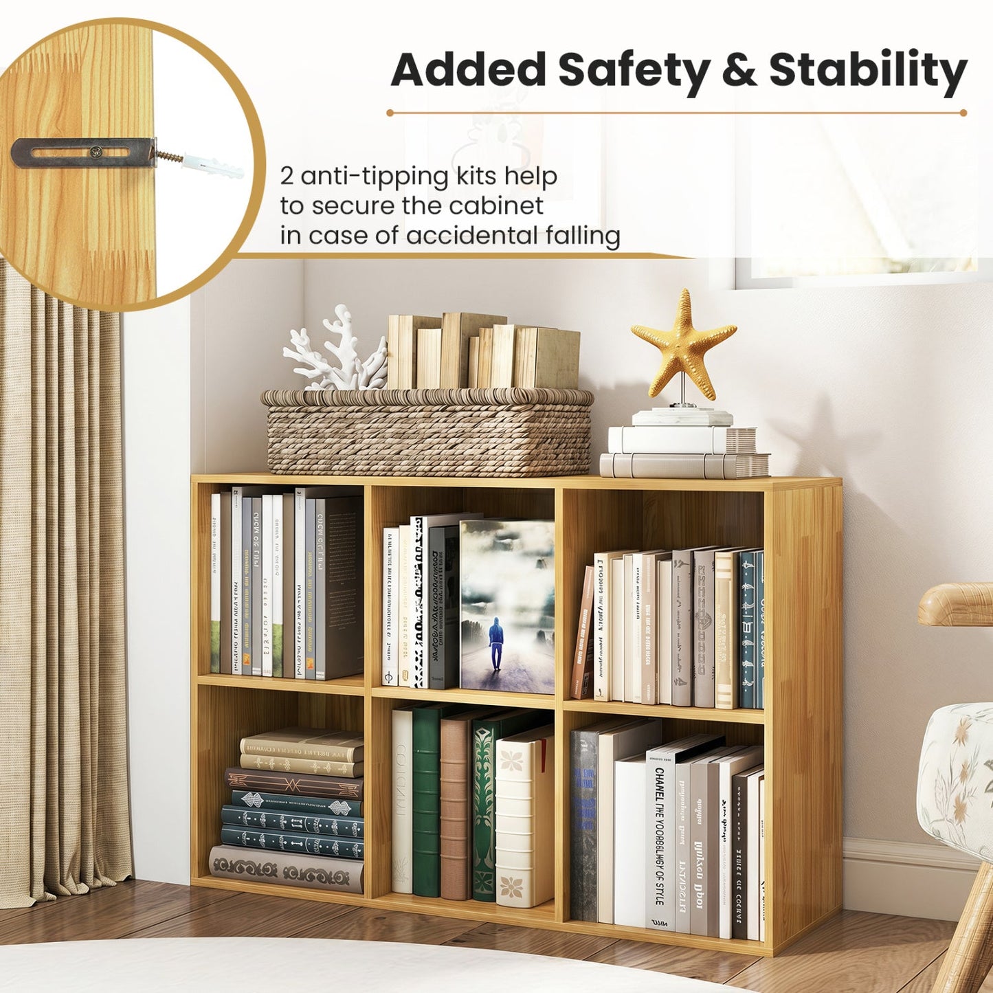 6-Cube Bookcase Burlywood DirectDeals with anti-tipping kit; wooden bookshelf with basket on Tampa Home & Garden Store