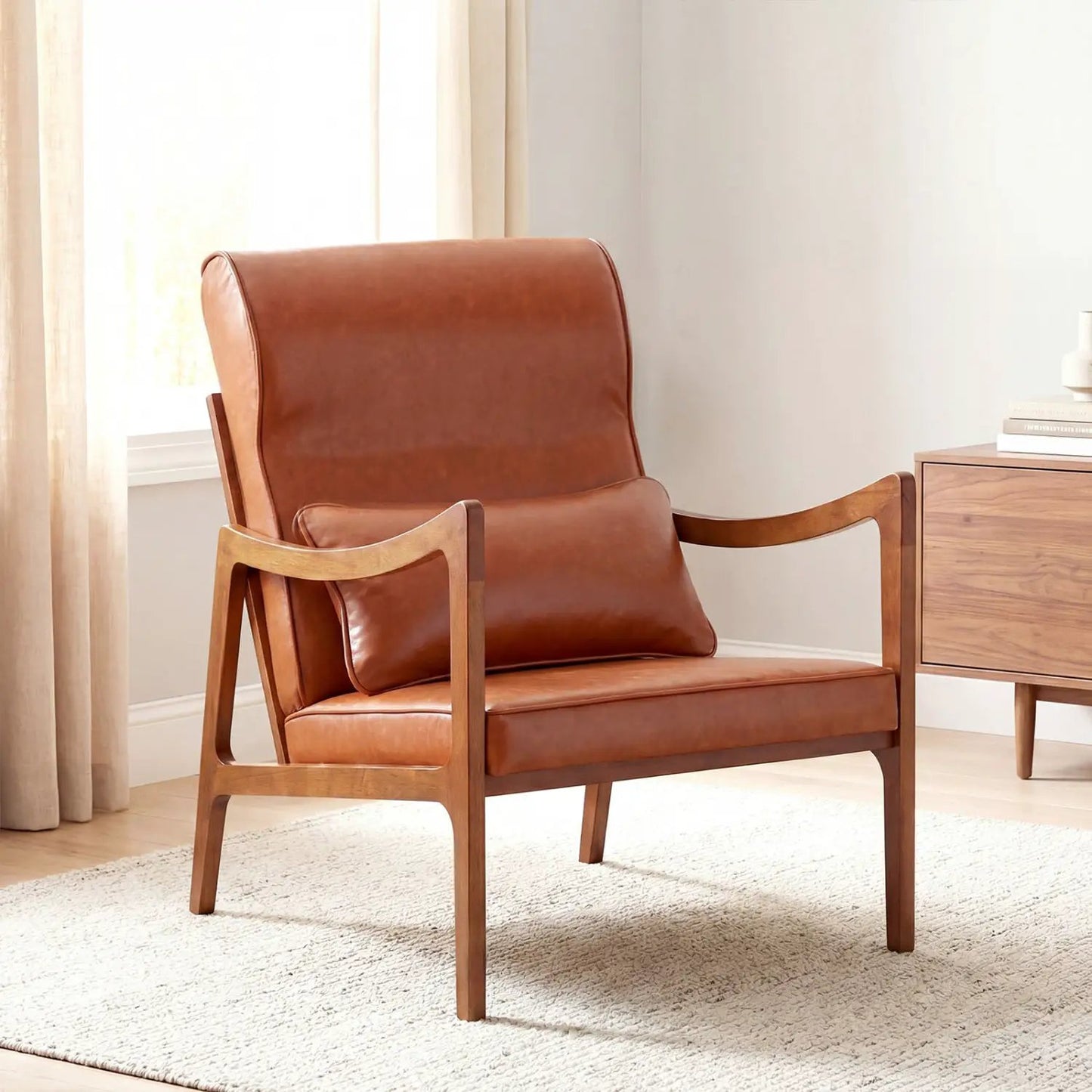 Modern Accent Chair With Rubber Wood Faux Leather
