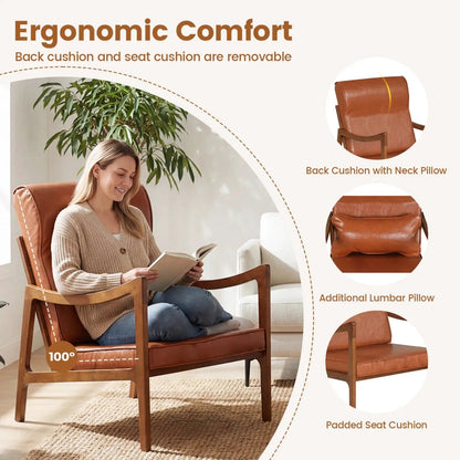 Modern Accent Chair With Rubber Wood Faux Leather