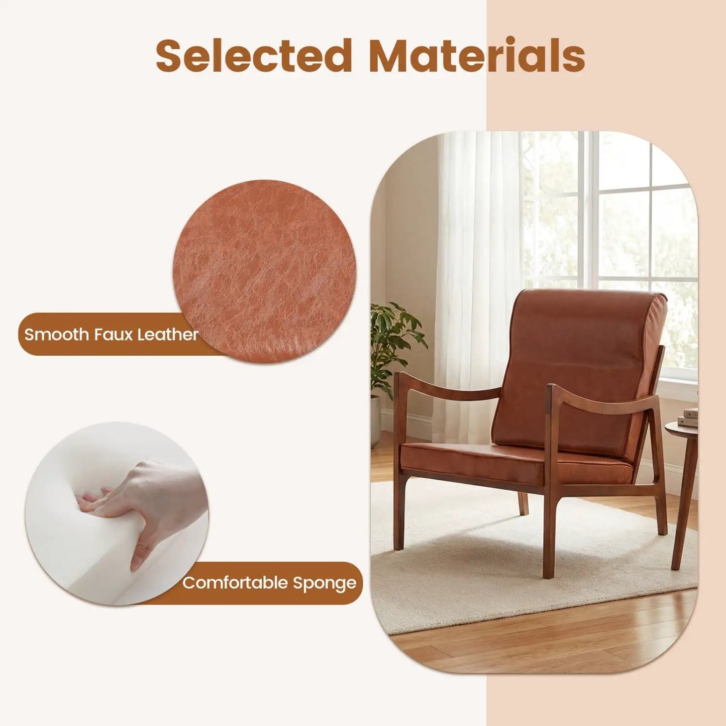Modern Accent Chair With Rubber Wood Faux Leather