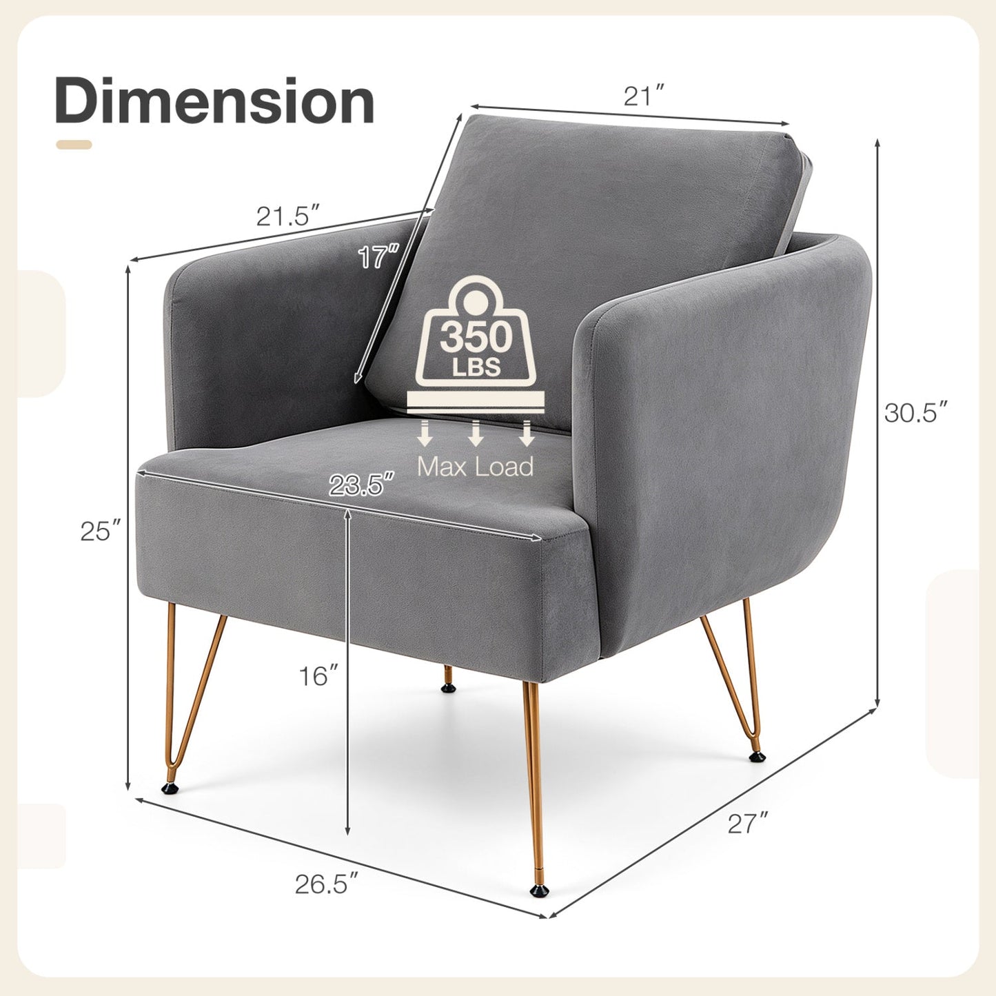 Velvet Accent Chair with back cushion by DirectDeals, gray upholstery and gold metal legs on Tampa Home & Garden Store