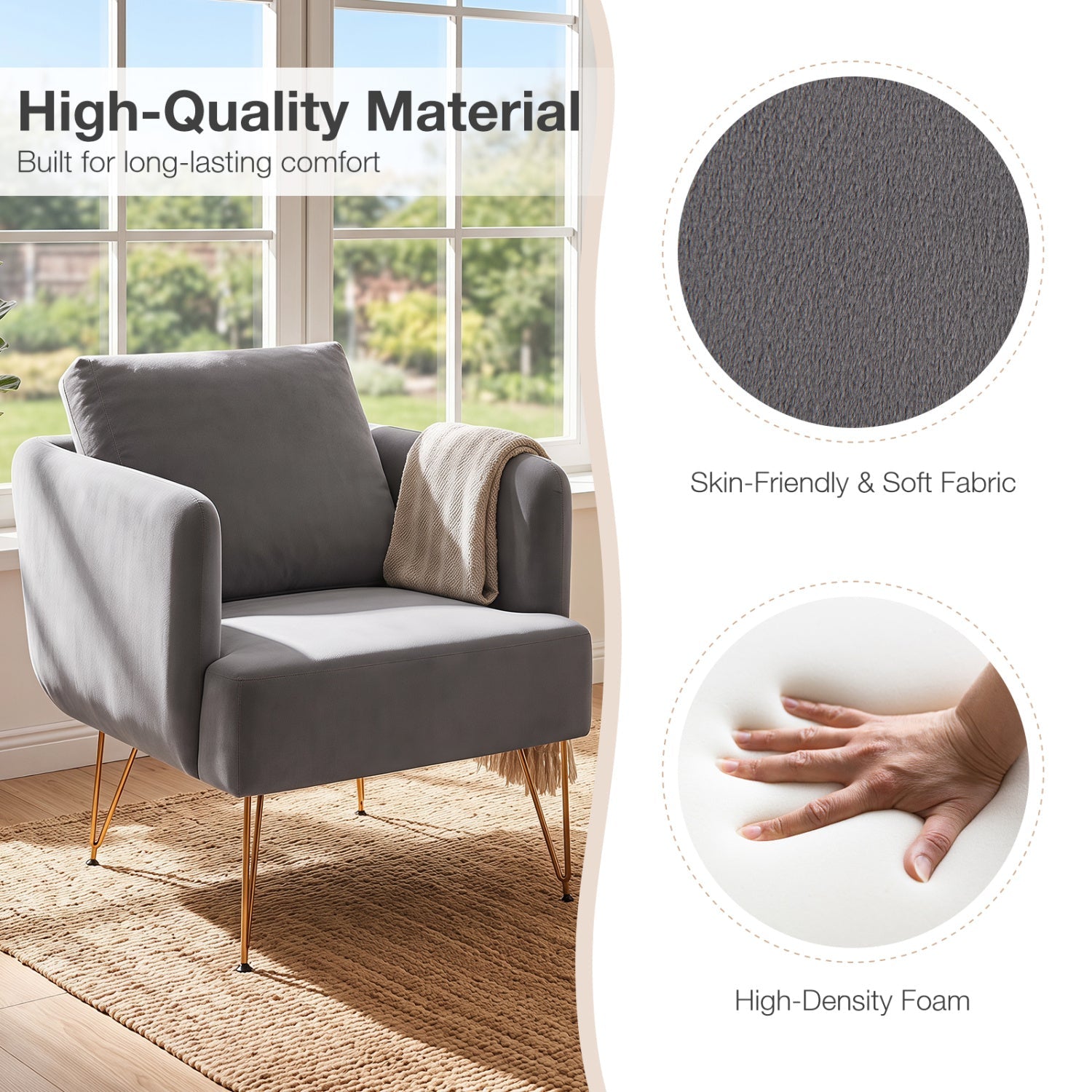 Velvet Accent Chair with back cushion in gray upholstery and gold metal legs DirectDeals on Tampa Home & Garden Store