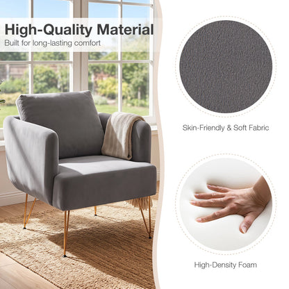 Velvet Accent Chair with back cushion in gray upholstery and gold metal legs DirectDeals on Tampa Home & Garden Store