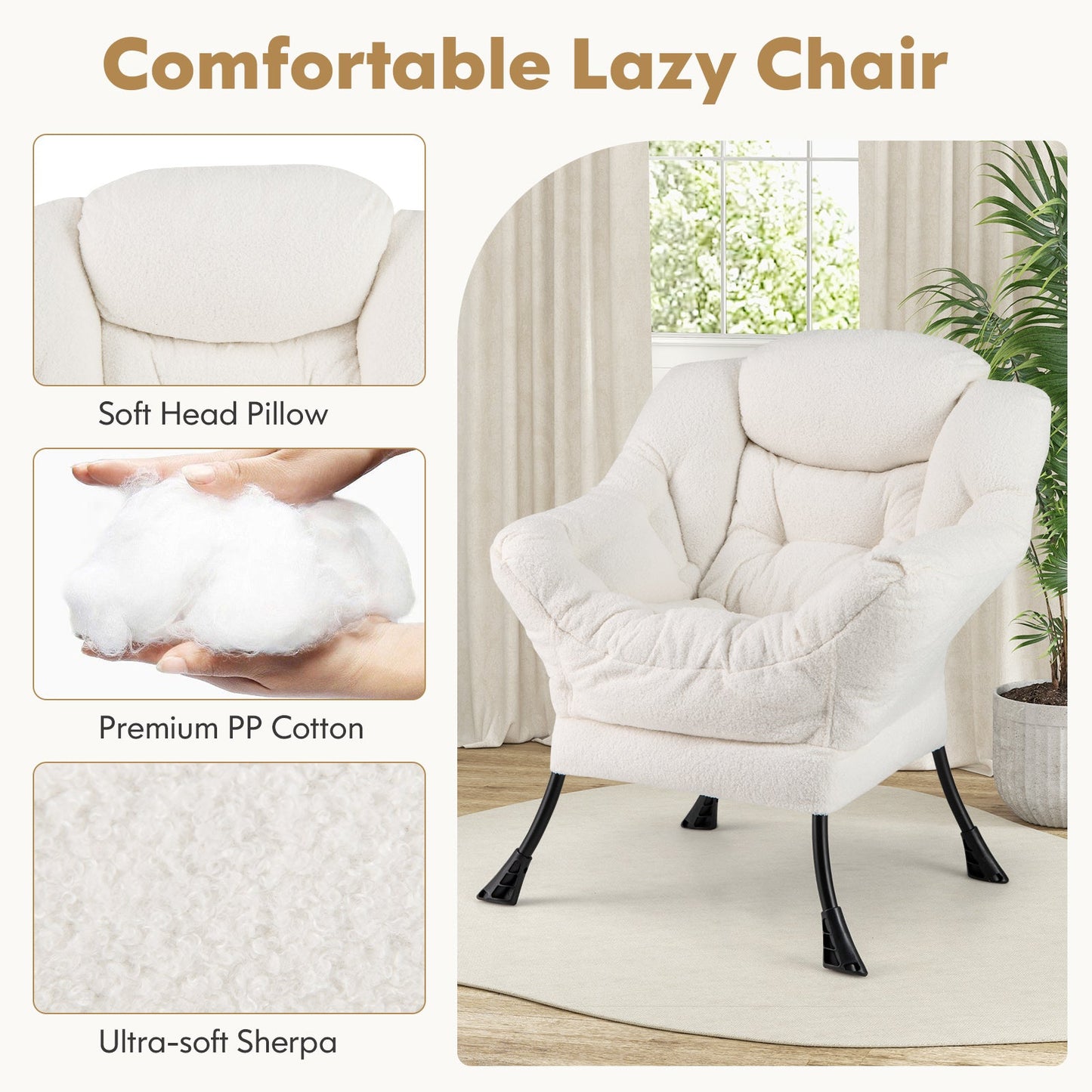 Modern Accent Chair with Folding Footrest and Head Pillow-Beige