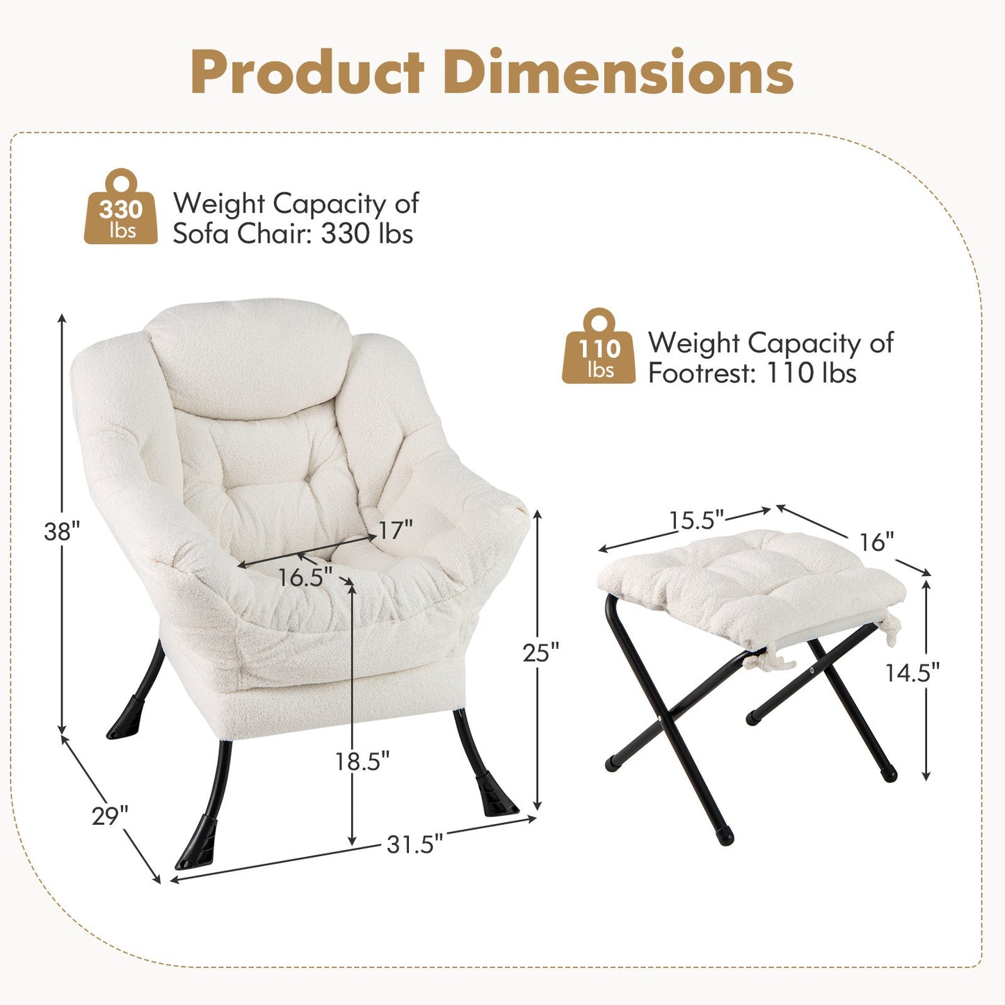 Modern Accent Chair with Folding Footrest and Head Pillow-Beige
