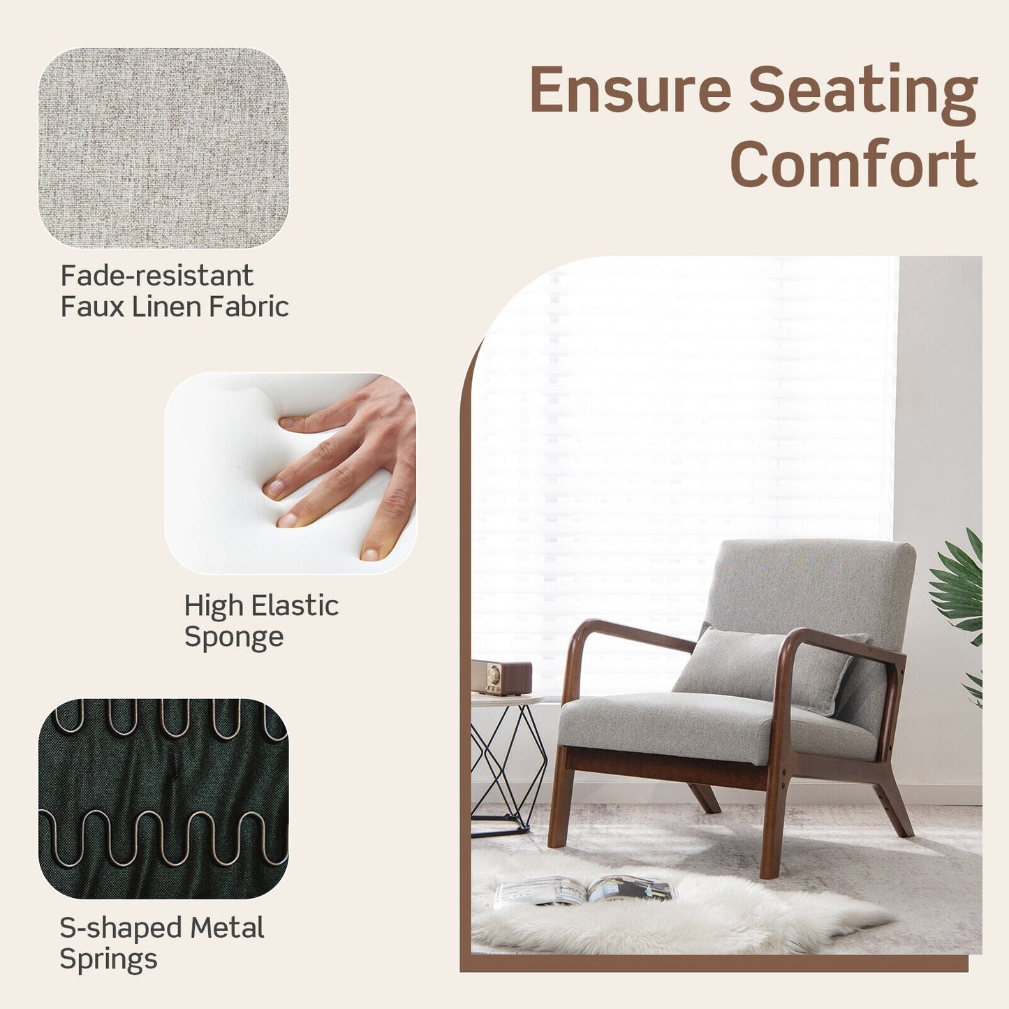 Sillón moderno con estructura de madera de caucho y almohada lumbar-Gris