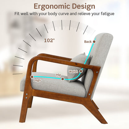 Sillón moderno con estructura de madera de caucho y almohada lumbar-Gris