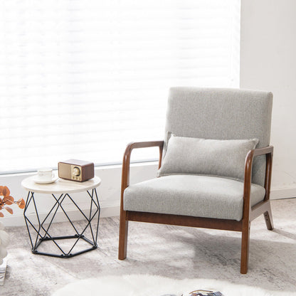 Sillón moderno con estructura de madera de caucho y almohada lumbar-Gris